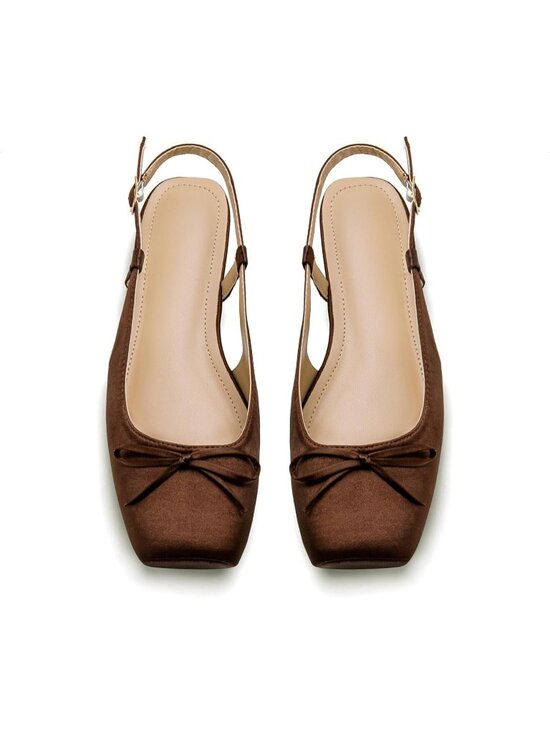 Shoes - Women's Coffee Slingback Square Toe Bow Knit Ankle Buckle Satin Ballet Flats